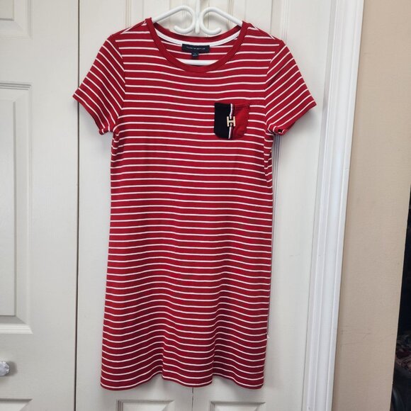 [M] Tommy Hilfiger Red and White Striped T-Shirt Dress Size Medium 100% Cotton - Picture 1 of 8